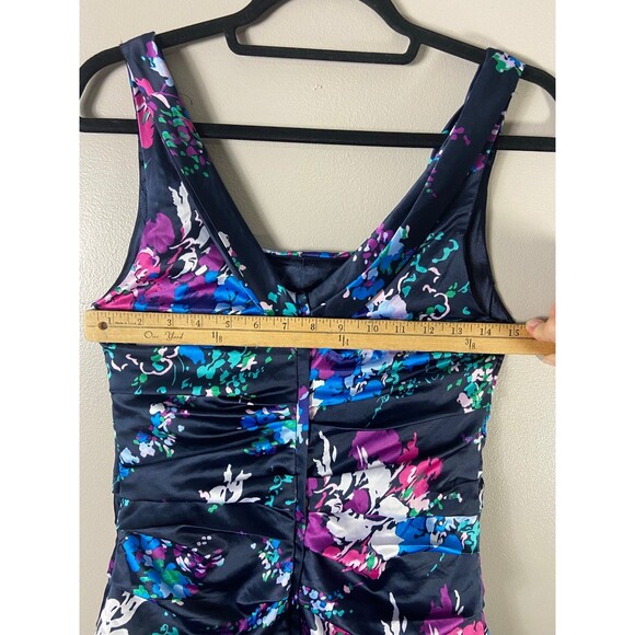 EXPRESS Dress Ruched Satin Navy Purple Floral Cocktail Dress 6 - Picture 8 of 9